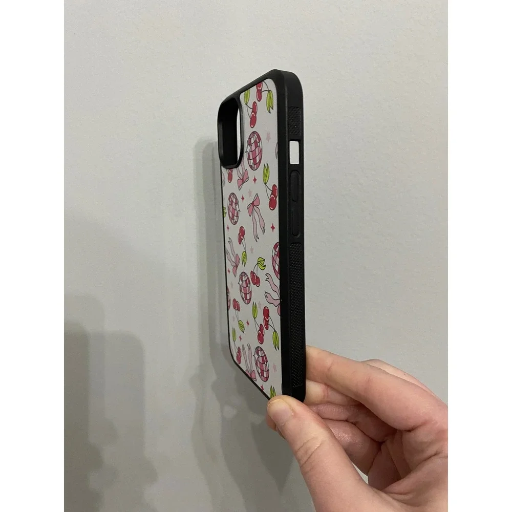 iPhone 13 Case Unisex OS White Pink Disco Ball Cherry Bow Print Bumper Cover
